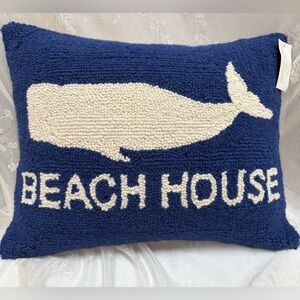 Peking Handicraft Beach House Nautical Whale Blue White Hooked Pillow 14x18 NEW
